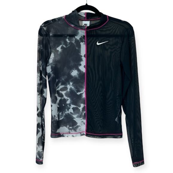Nike Tops - Nike Patterned Long Sleeve Mock Neck Patchwork Top Black White Tie Dye Size S
